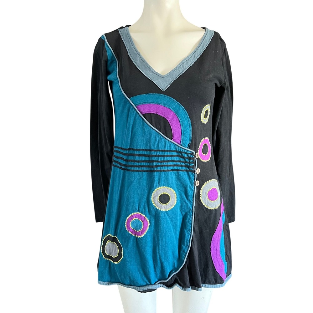 Lunieva Womens M Black Cotton Long Sleeve Tunic Applique Geometric V-Neck Top
